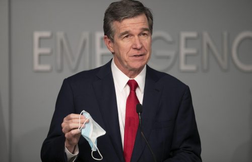 North Carolina Governor Roy Cooper implores the public wear face coverings to help stop the spread of the COVID-19 virus during a press briefing at the Emergency Operations Center on Monday, June 8, 2020 in Raleigh, N.C.